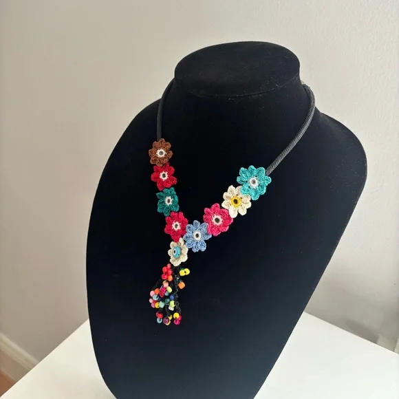 Colorful Crochet Flower Tassel Necklace - Picture 3 of 7